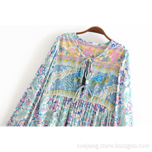 Printing Loose Casual Long Sleeve Dress With Bow